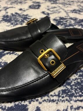 Dolce Vita Black Leather Backless Loafers with Gold Buckle